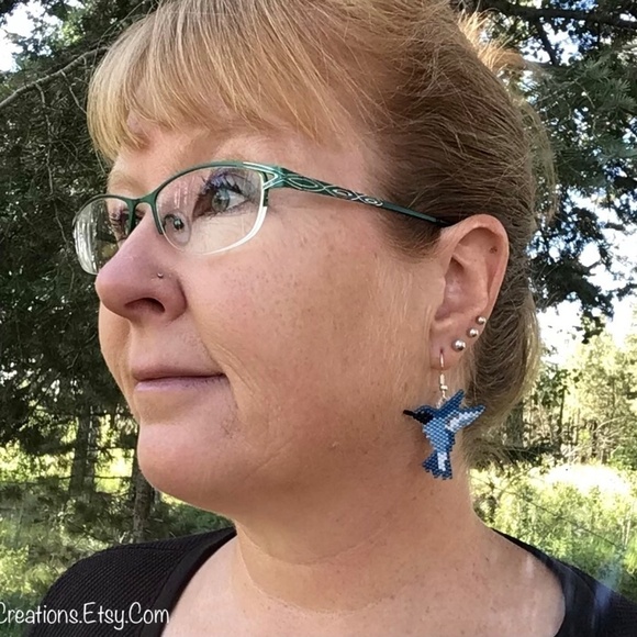 Blue Hummingbird Beaded Earrings, New, Handmade by Me - Picture 7 of 7